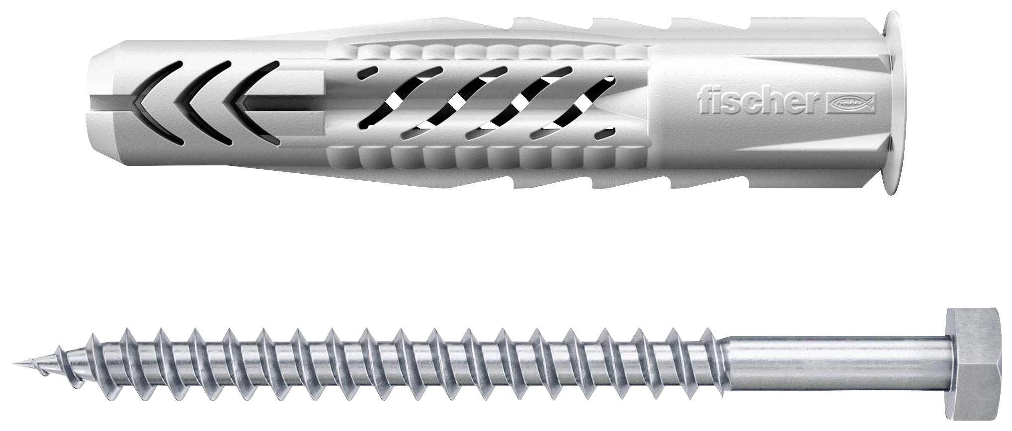 Dowel and screw lying side by side in close-up. The dowel is made of plastic, the screw is metal with a hexagonal head.