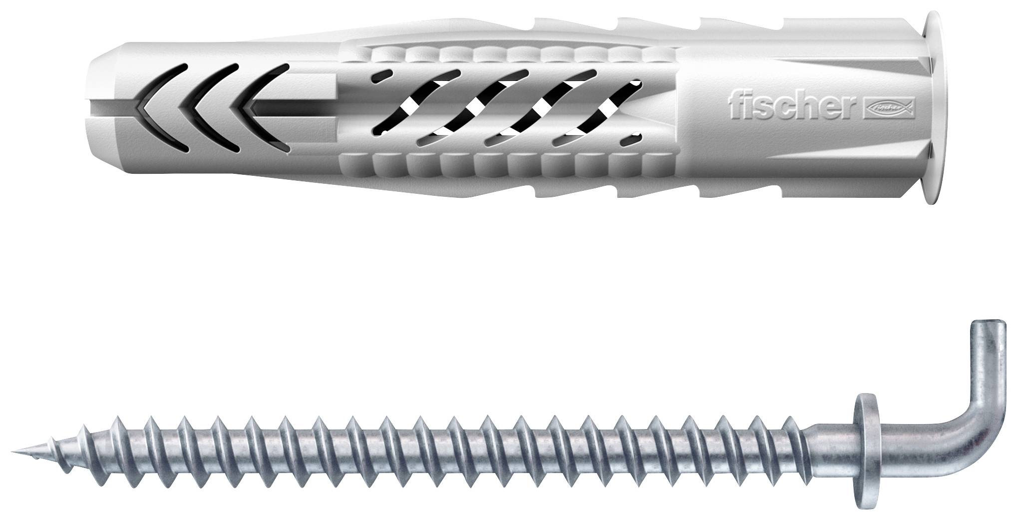 In the picture, a wall plug and a screw can be seen. The wall plug is shown at the top, with the screw underneath.