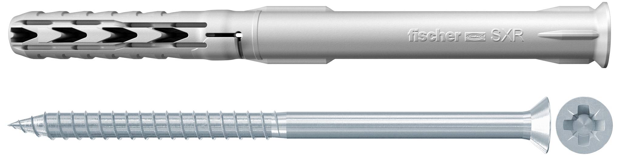 A grey plastic wall plug and a matching metal screw lying side by side.