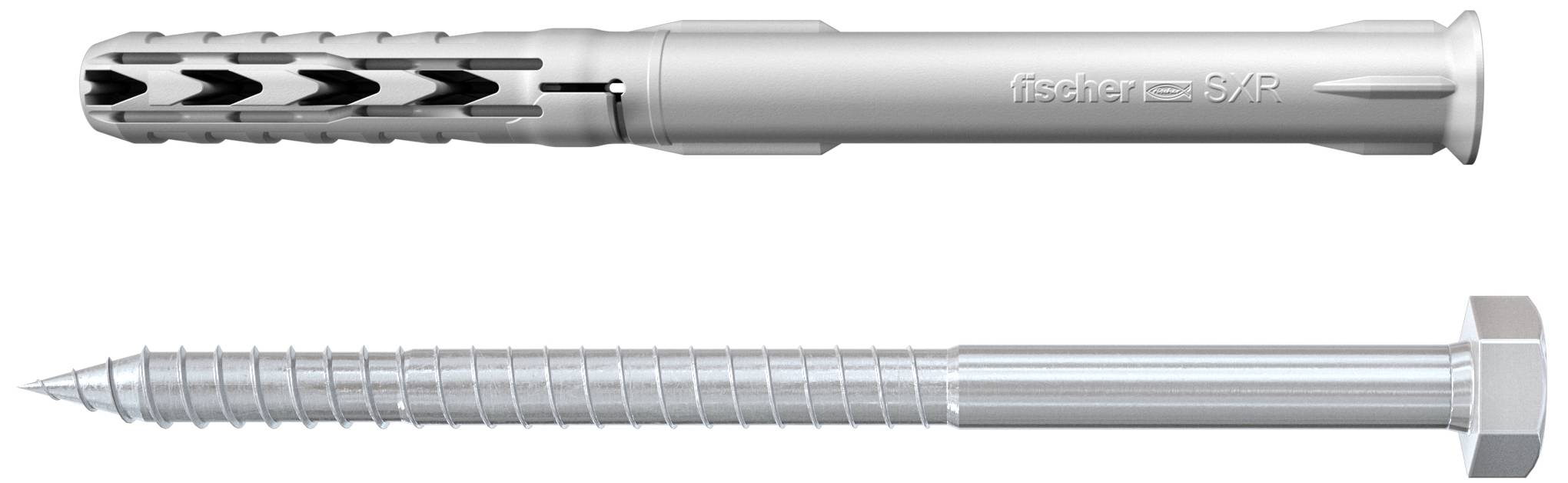 Two metal components: At the top, a wall plug with 'fischer SXP' inscription, below a hexagon-headed screw. Both are used for fixings.