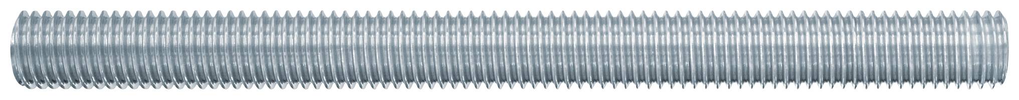 A long, metallic threaded rod with uniform, spiral threads running along its entire length.