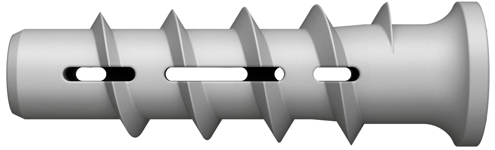 A grey plastic wall plug with multiple grooves and a hollow inner section, used for secure fixing in walls.