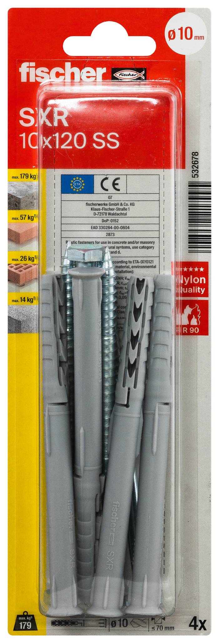 Rawlplug and screw in close-up; rawlplug with black marking; screw has hexagonal head and metal shaft.