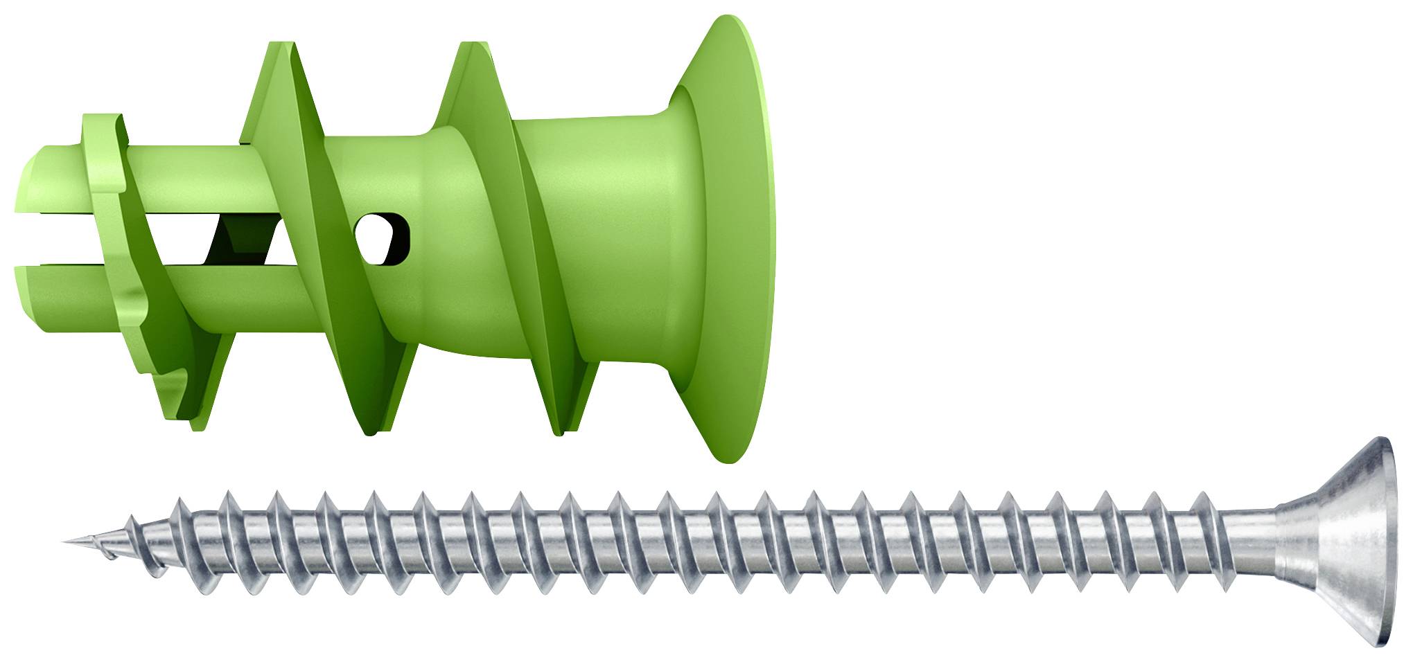 Green wall plug and silver screw lying side by side. The wall plug is spiral-shaped and used for fixing into walls.