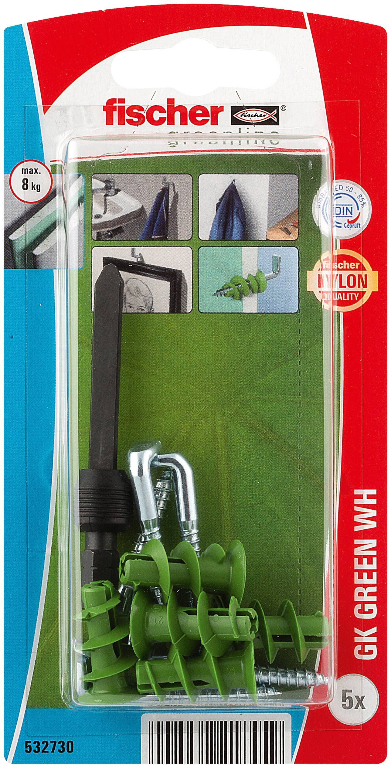 Green wall plug and metal screw side by side; plug suitable for secure wall mounting in plasterboard.