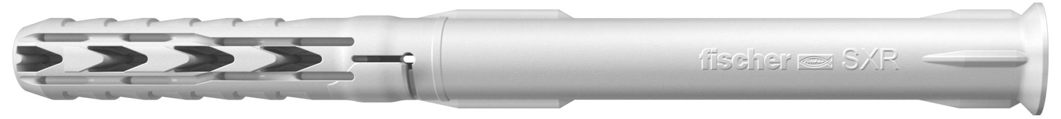 A grey plastic wall plug with ridges and a tapered end, used for securing screws in walls.