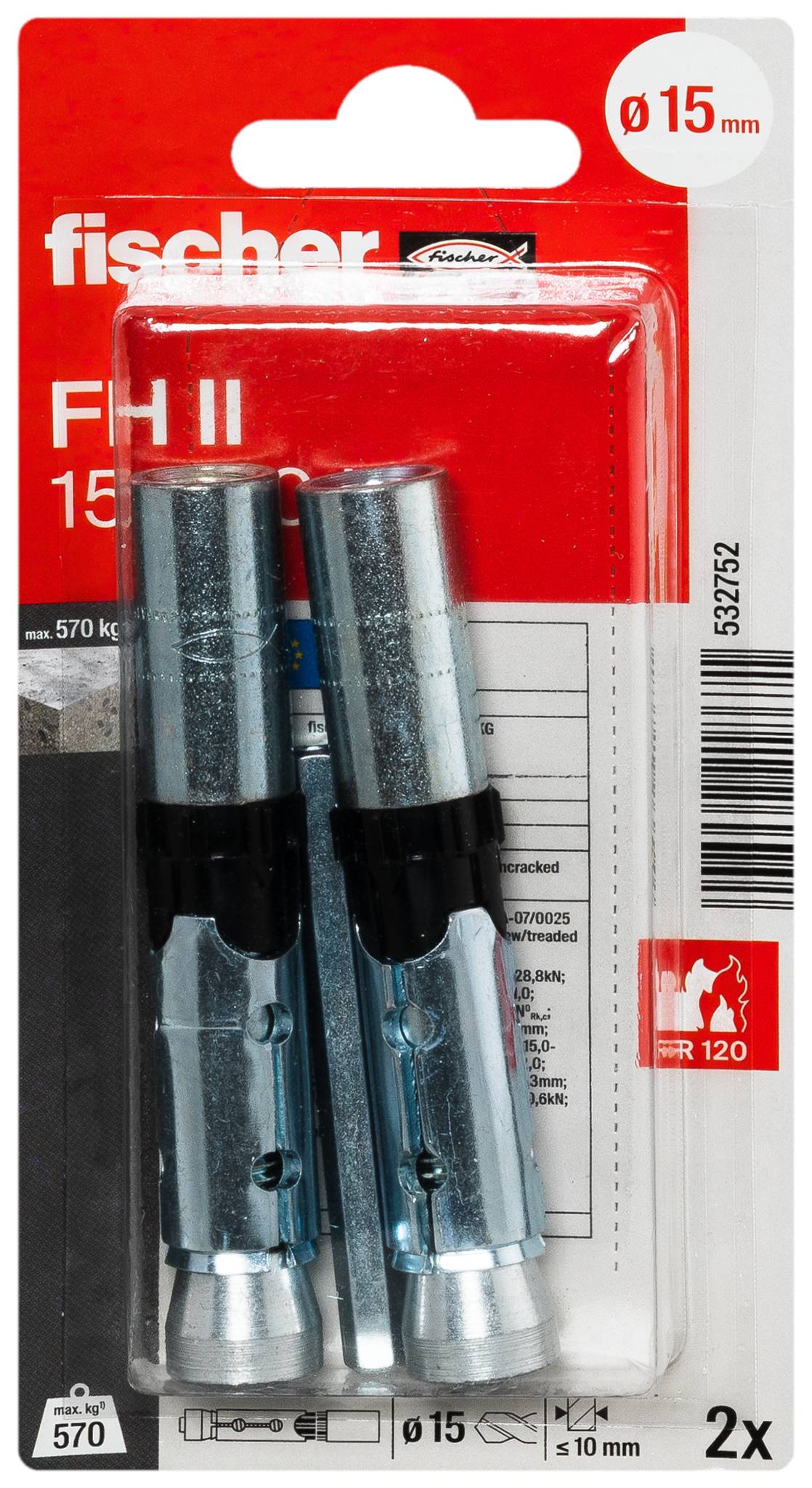 Metal fixing sleeve with a cylindrical shape and multiple grooves. Used for securing objects in solid walls.