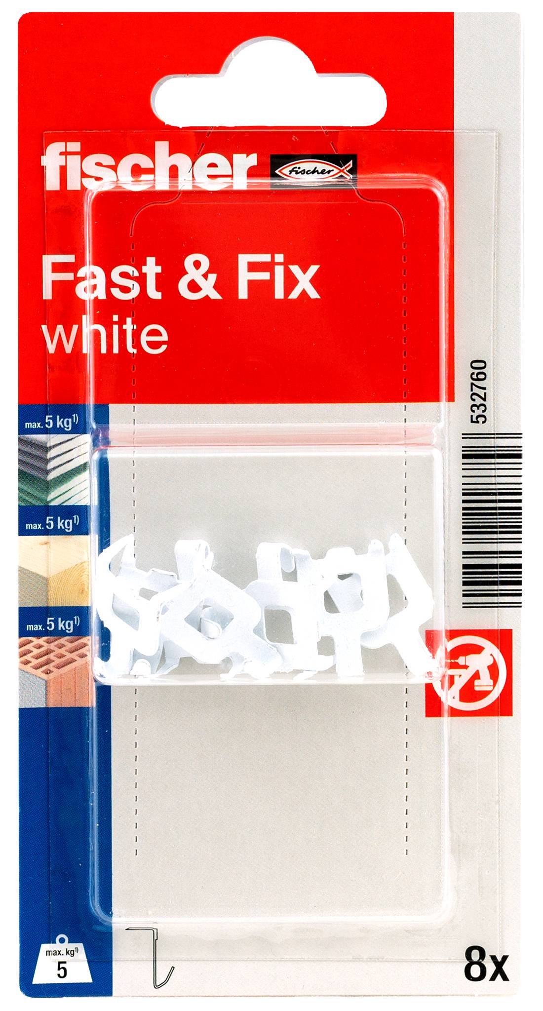 A white, U-shaped plastic bracket with a rectangular cut-out and a fish symbol on the right-hand side.