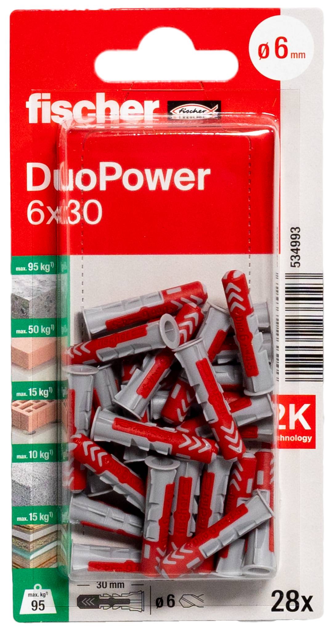 A plastic wall plug with red and grey design. On the side it says 'fischer'. The wall plug has multiple grooves and indentations.