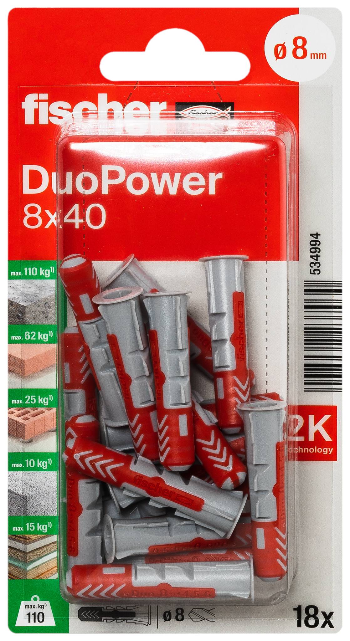 A red Fischer plug with grey accents, suitable for secure wall fixings. Brand mark and fish symbol visible.