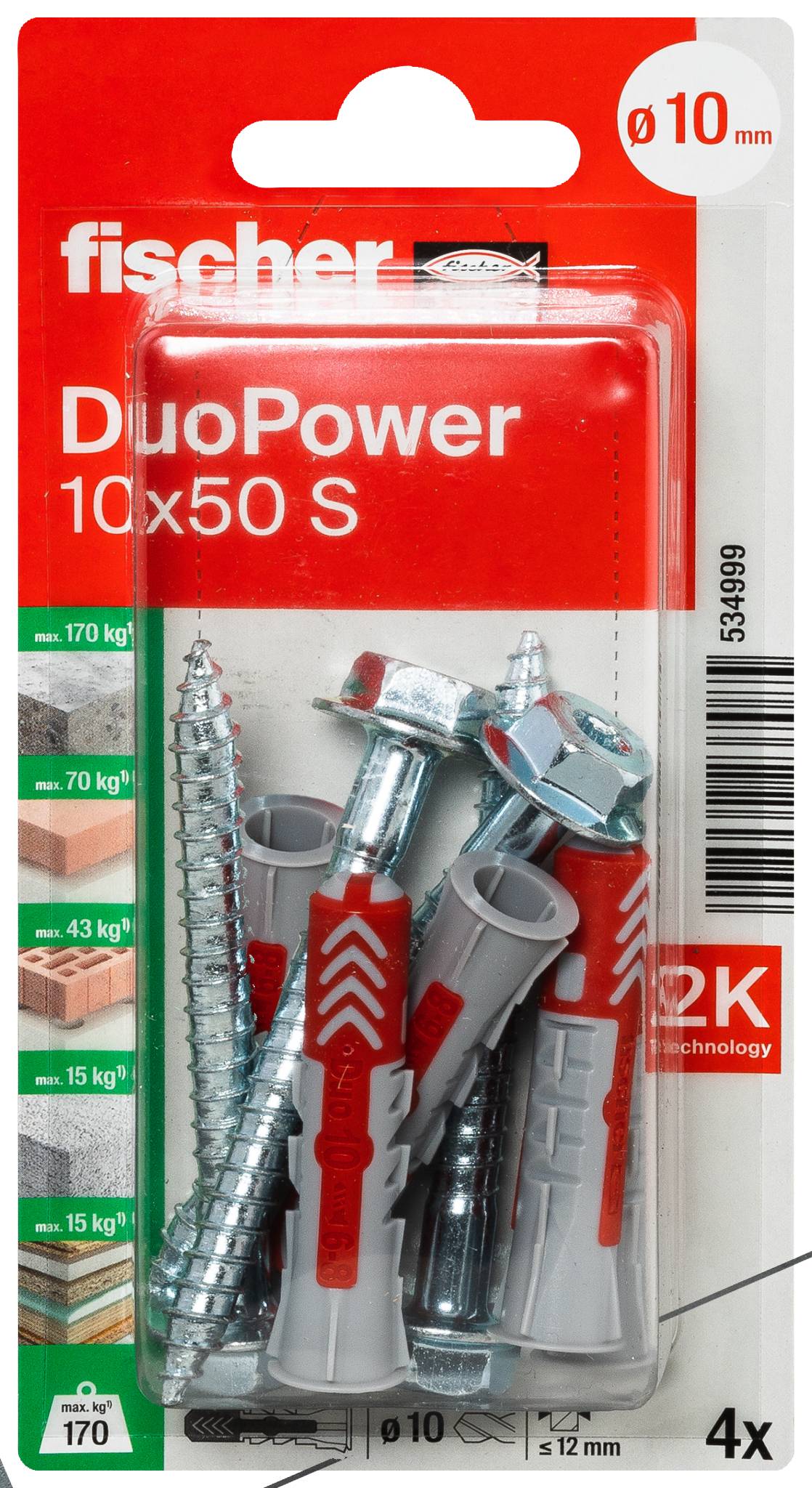 A red Fischer wall plug with the 'fischer' label and a silver hexagon-headed screw.