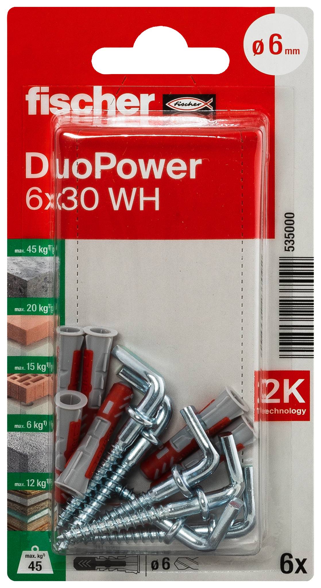 A red wall plug with grey serrations and a matching screw hook. Both are tools for wall mounting.