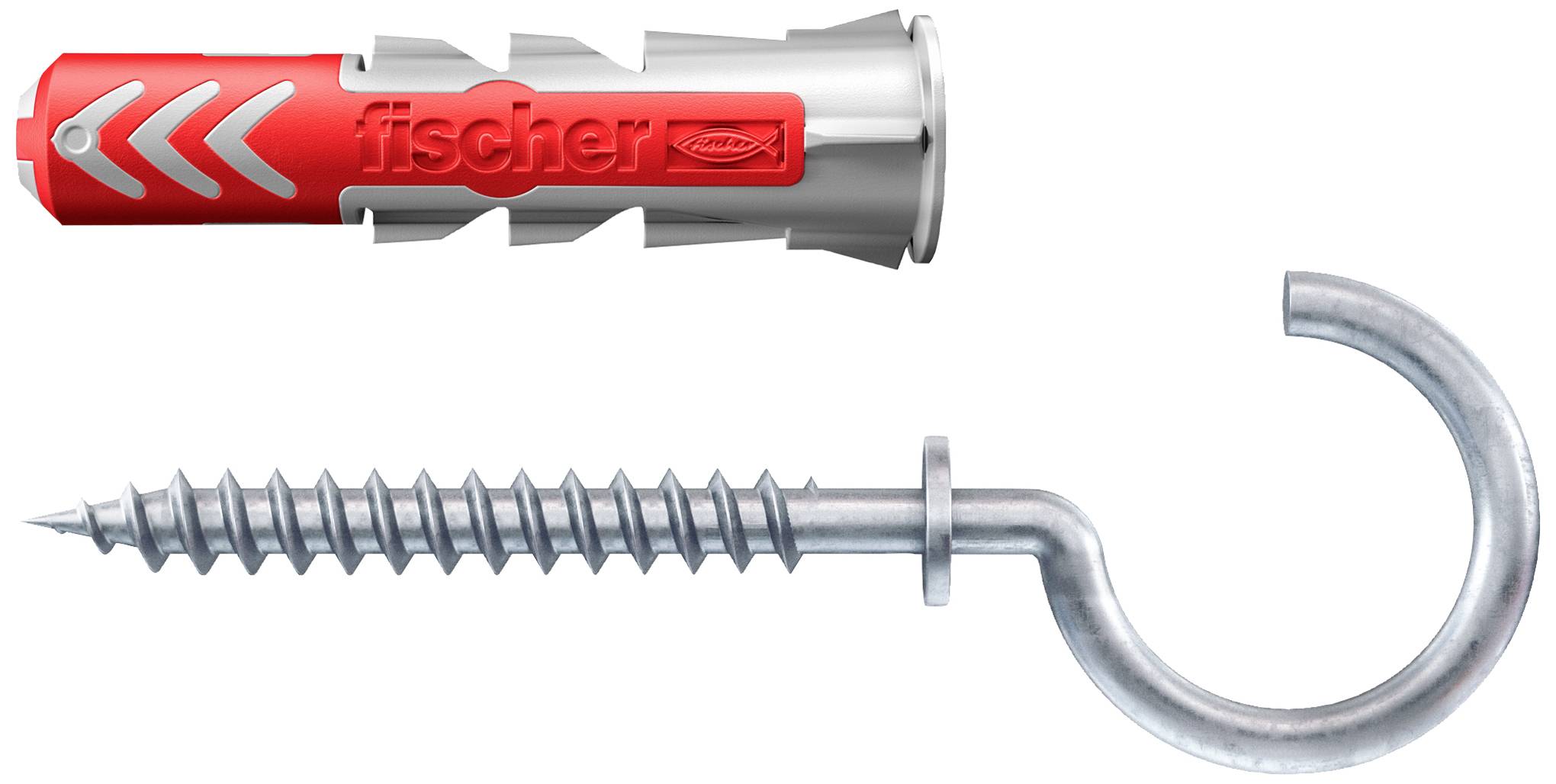 A red wall plug and a metal hook. The plug has an arrow pattern, the hook has a screw thread. They are intended for wall mounting.