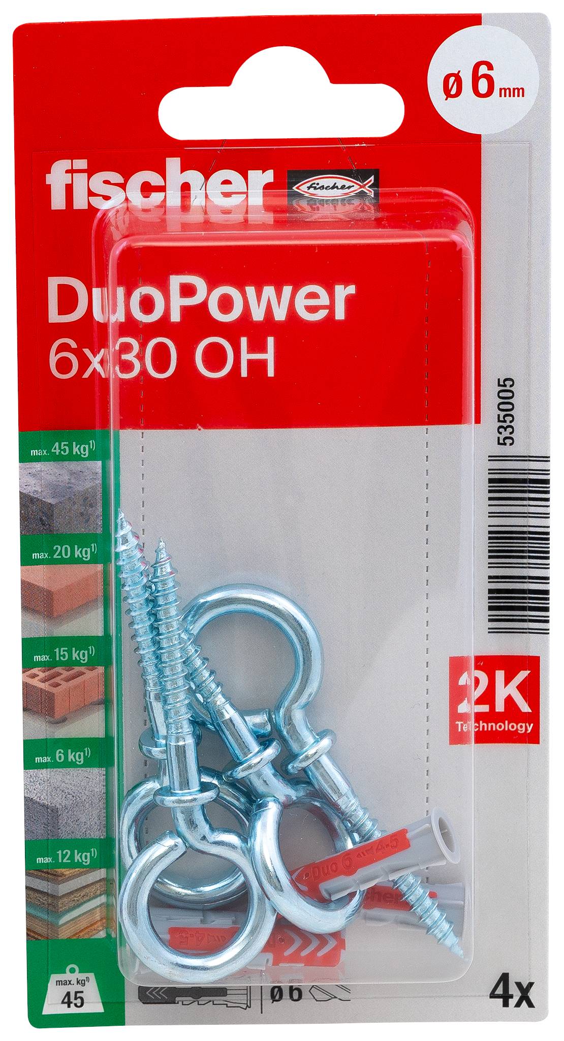 A red wall plug and a metal eye bolt placed side by side. The wall plug has the brand name 'fischer'. Both are fixing materials.