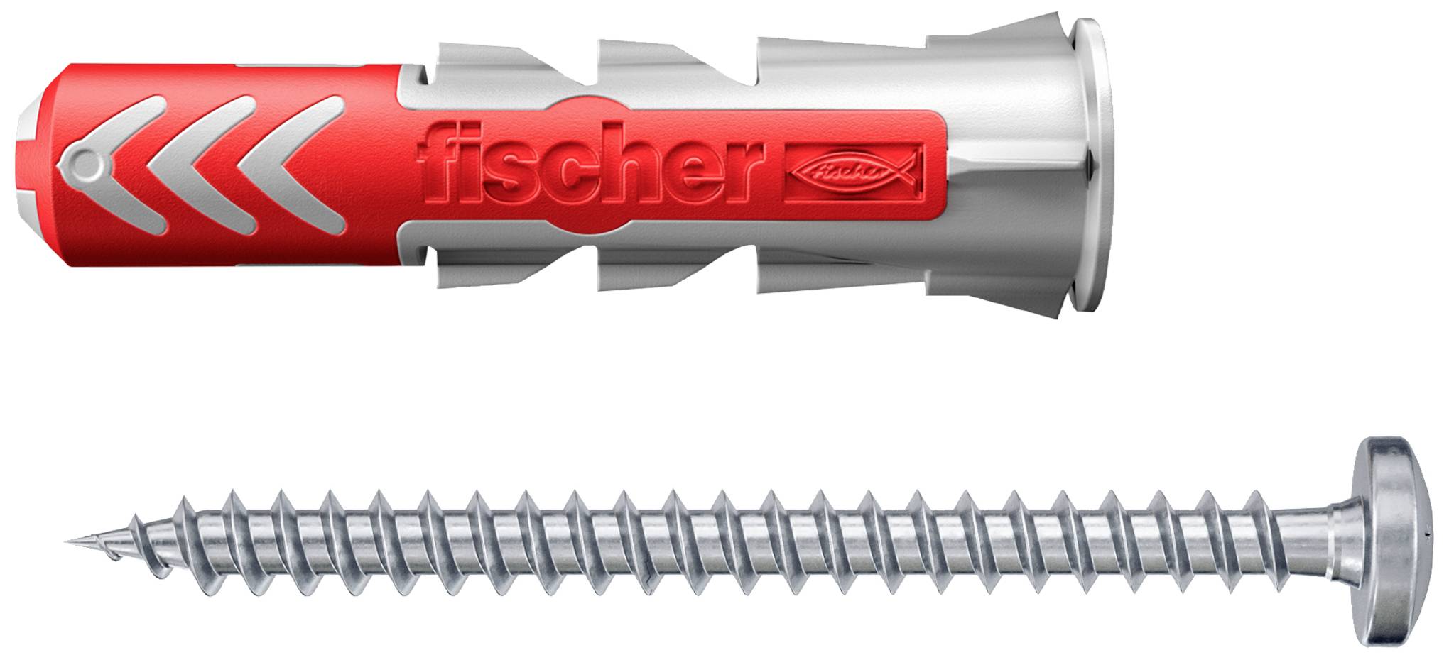 Fischer brand wall plugs and screws, suitable for secure wall mounting. The wall plug is red and grey; the screw is metallic.