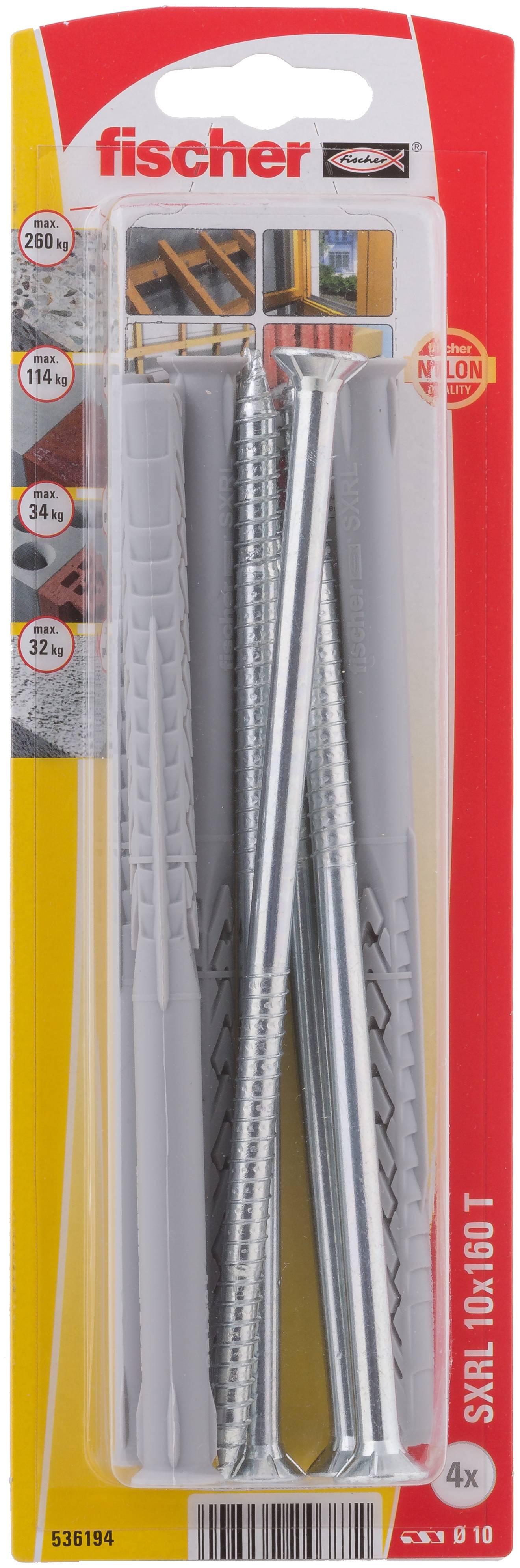 A grey wall plug with an inserted screw, suitable for solid surfaces. Screw head with a cross-head.