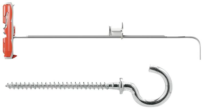 A red wall plug with a long screw and hook. The wall plug is shown on the left, with the screw underneath. They are used for wall mounting.