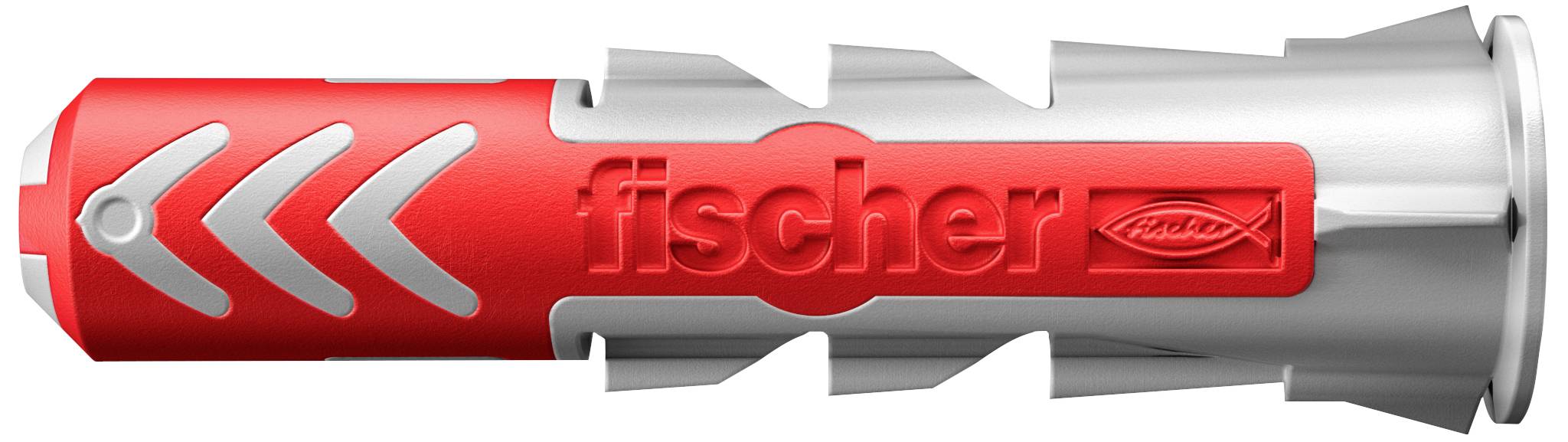 Two-part Fischer wall plug with red and grey components, designed for secure anchoring in various building materials.