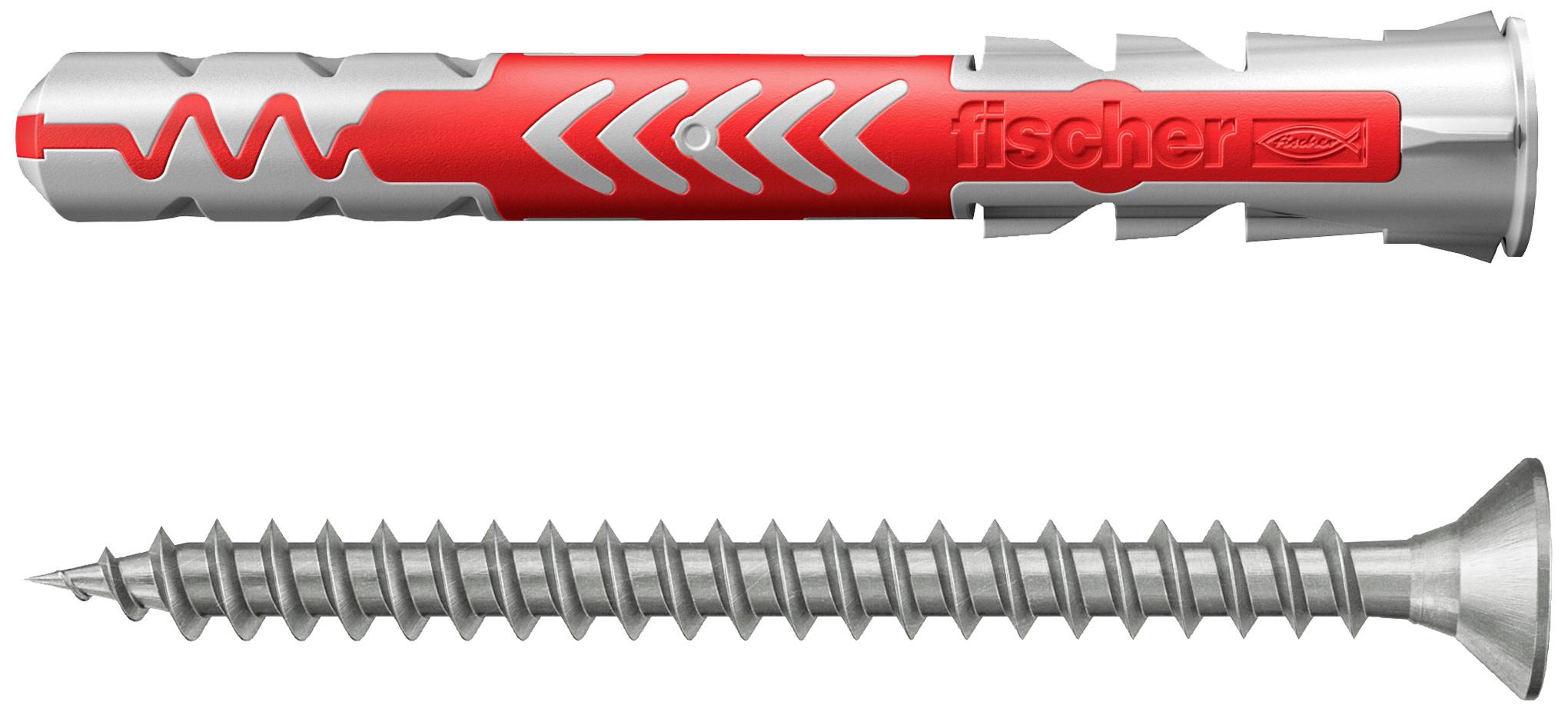 A red wall plug with grey accents lies above a silver, twisted screw. Both are tools for fixings in walls.