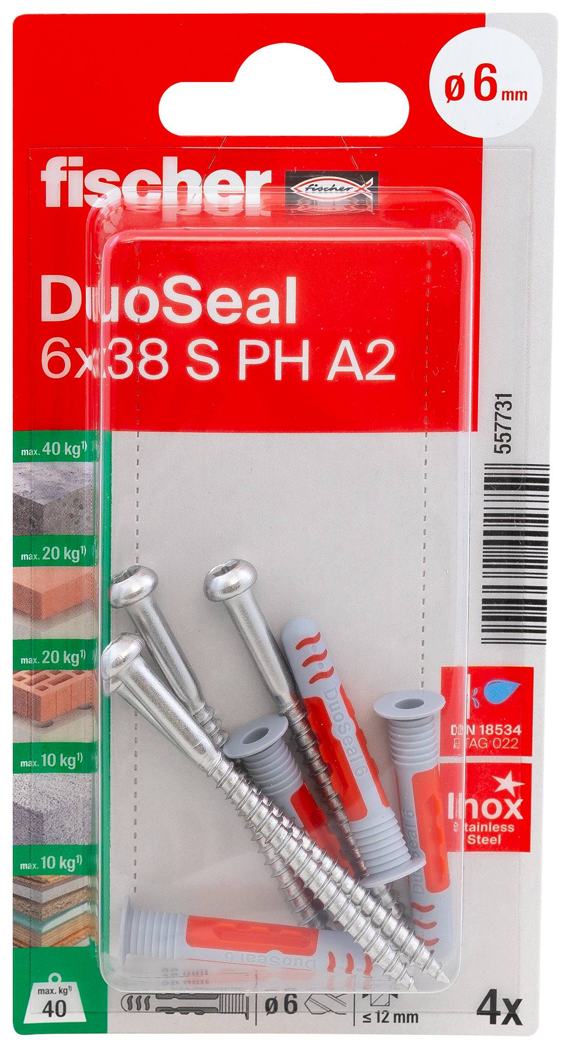 A red wall plug and a silver screw side by side. The wall plug has red markings and the text 'fischer'.