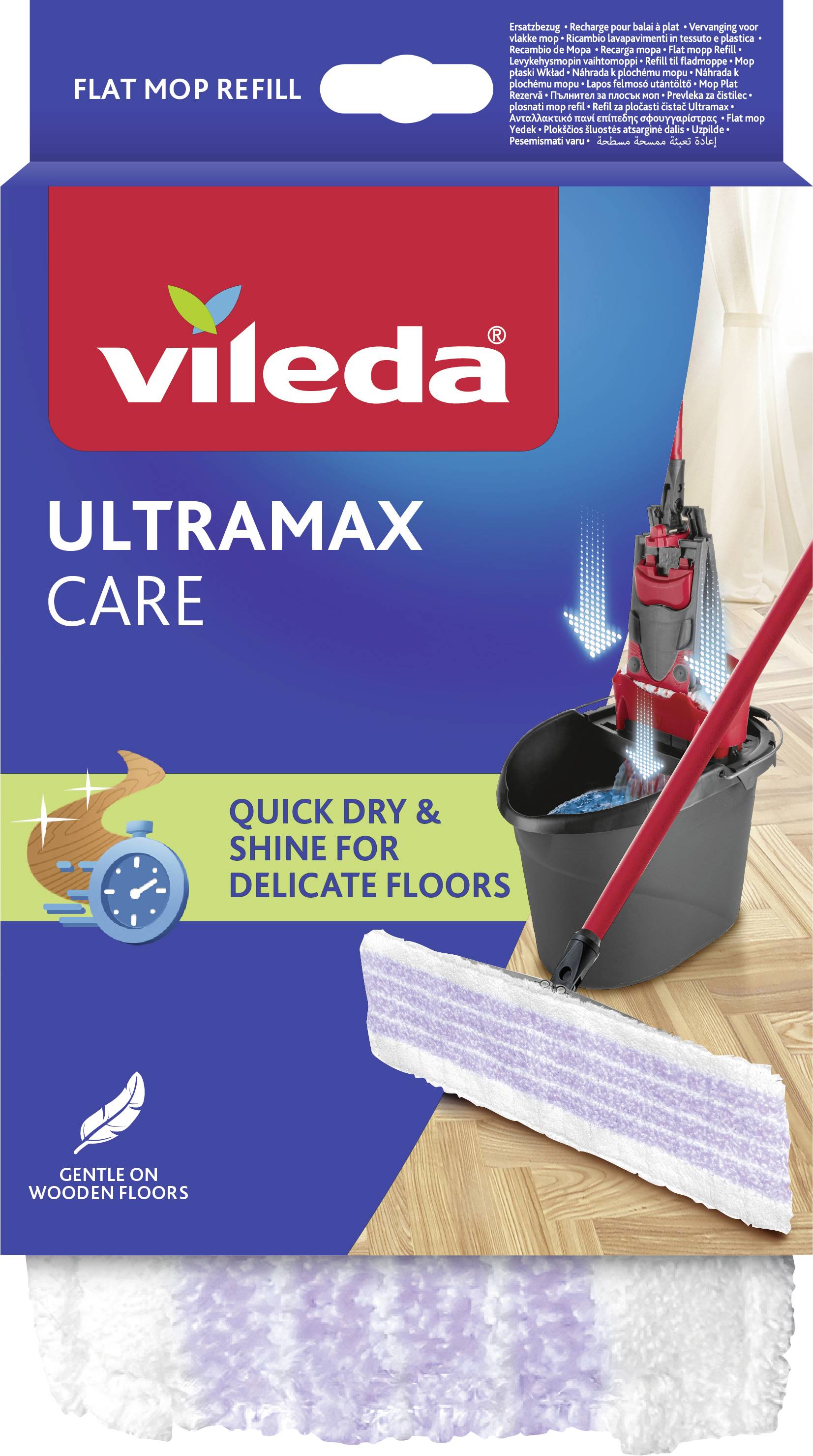 Vileda Ultramax Care mop refill package featuring quick dry and shine for delicate or wooden floors, with a flat mop head and bucket image.