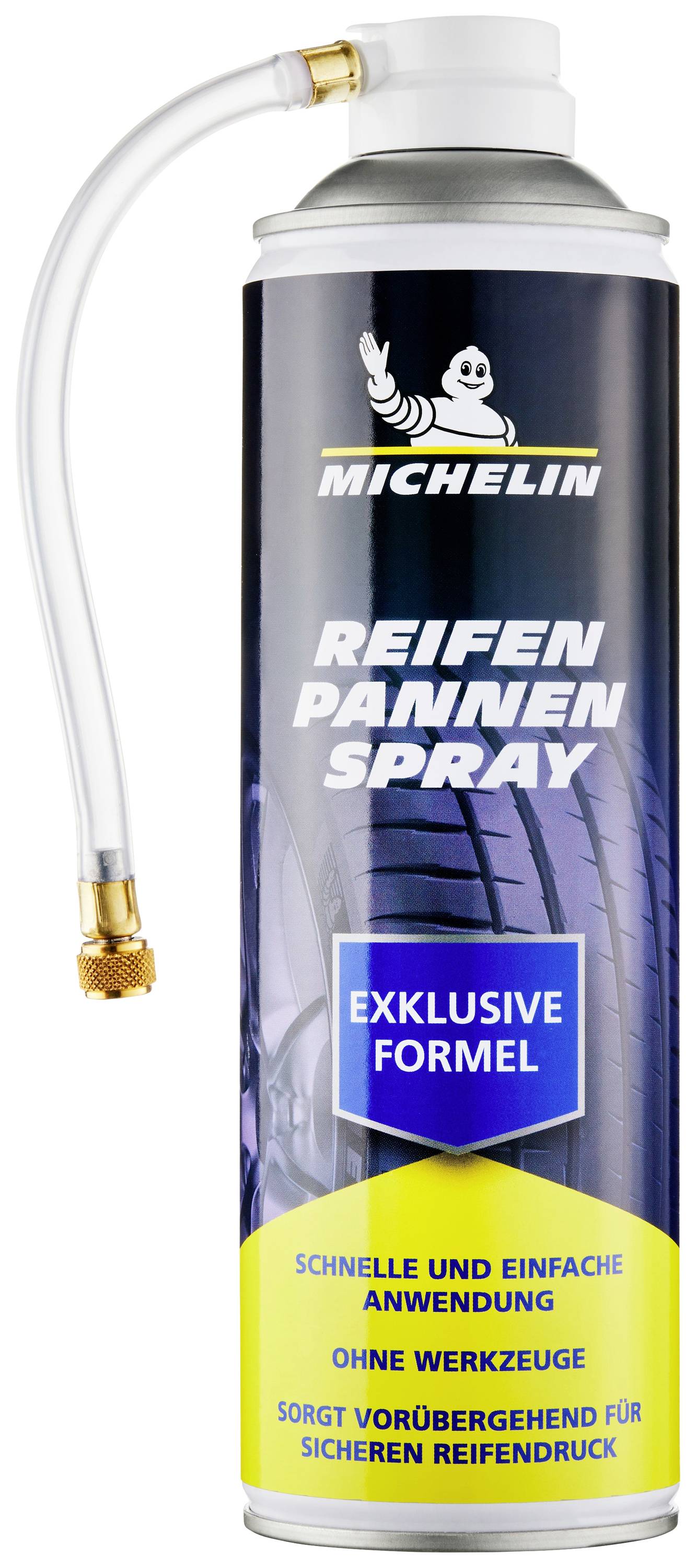 A can of Michelin tyre puncture spray with a tube. Label reads: 'Exclusive Formula', for quick, easy application for tyre pressure issues.<br><br>Note the British English spelling of 