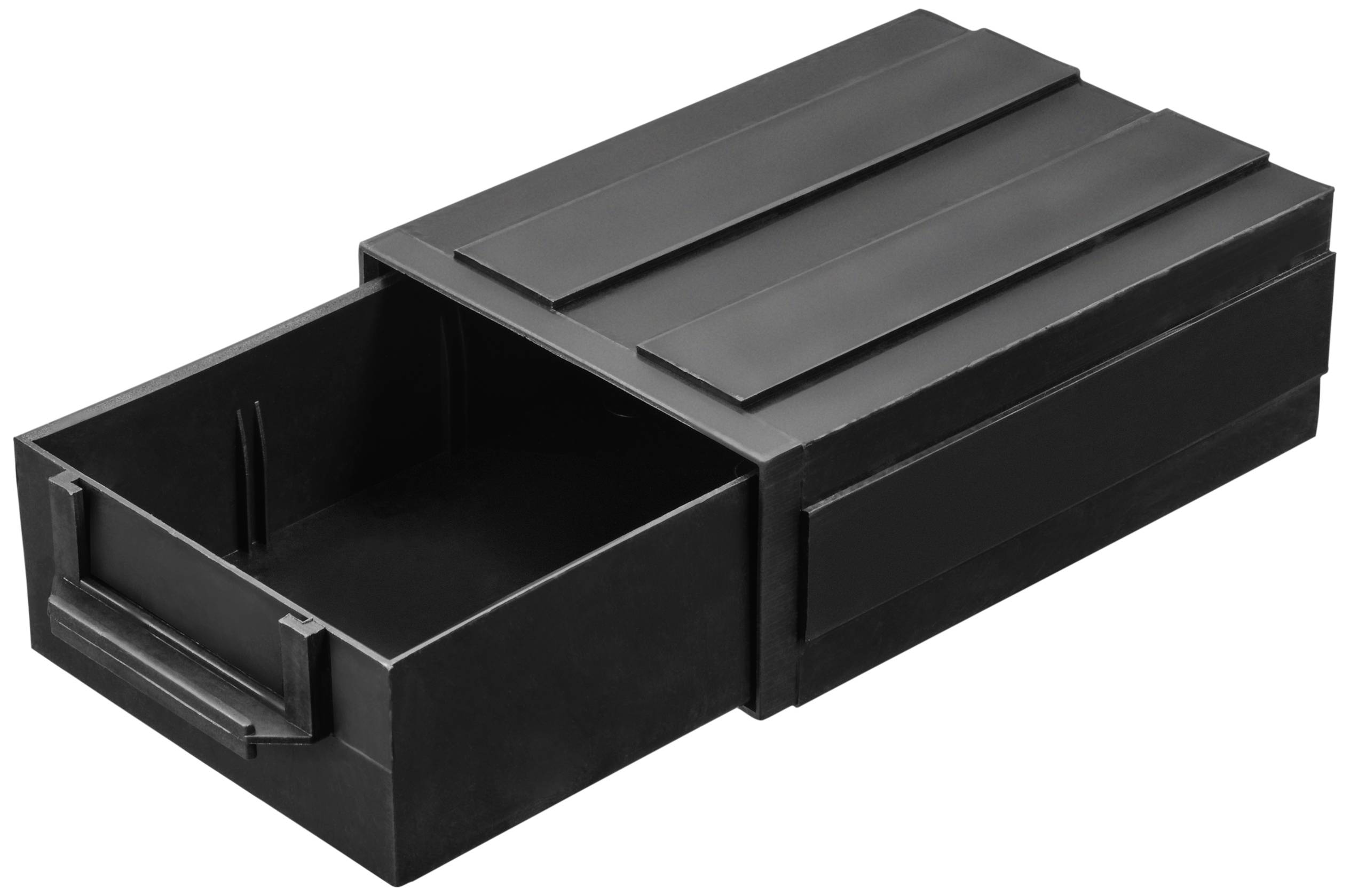 Black metal drawer cabinet with a pulled-out drawer, typical of toolboxes or industrial storage.