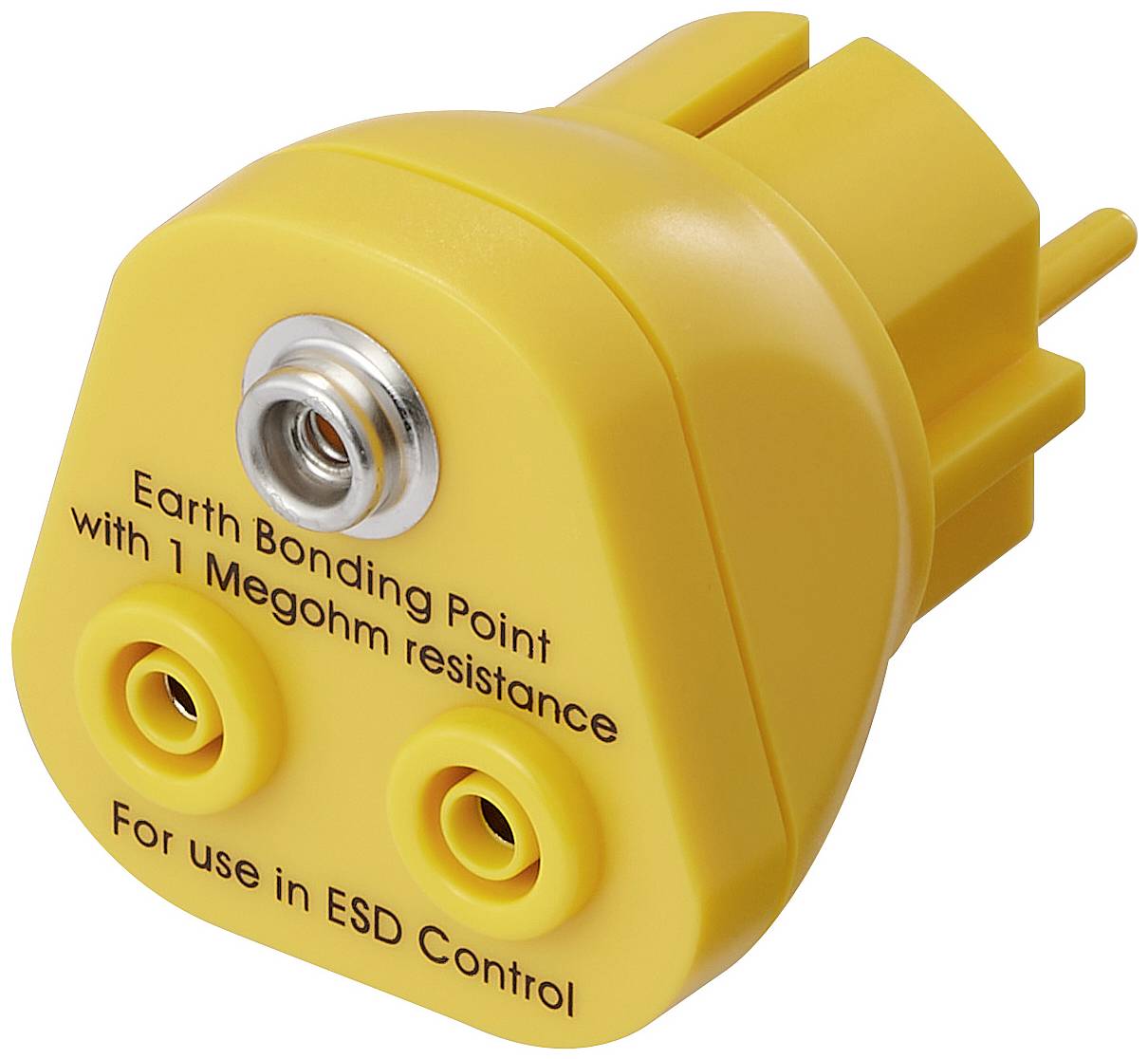 Yellow earthing adapter for ESD control, marked 'Earth Bonding Point with 1 Megohm resistance'.