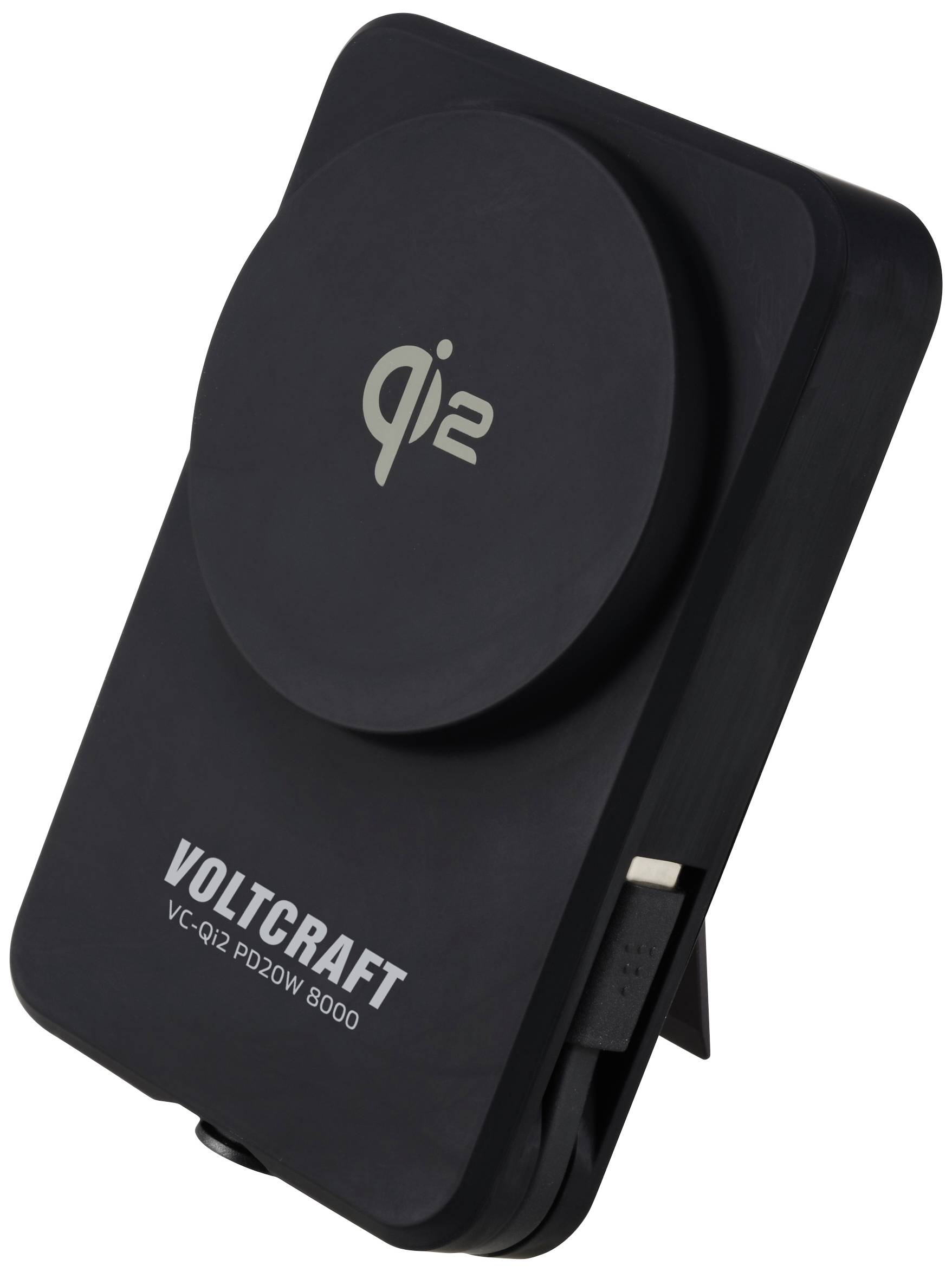 A portable charger with Qi2 technology from Voltcraft, model VC-Q12 PD20W 8000, shown with a USB port.