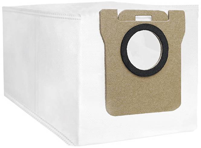 A rectangular, white vacuum cleaner bag with a visible cardboard closure and a round hole in the middle of the closure.