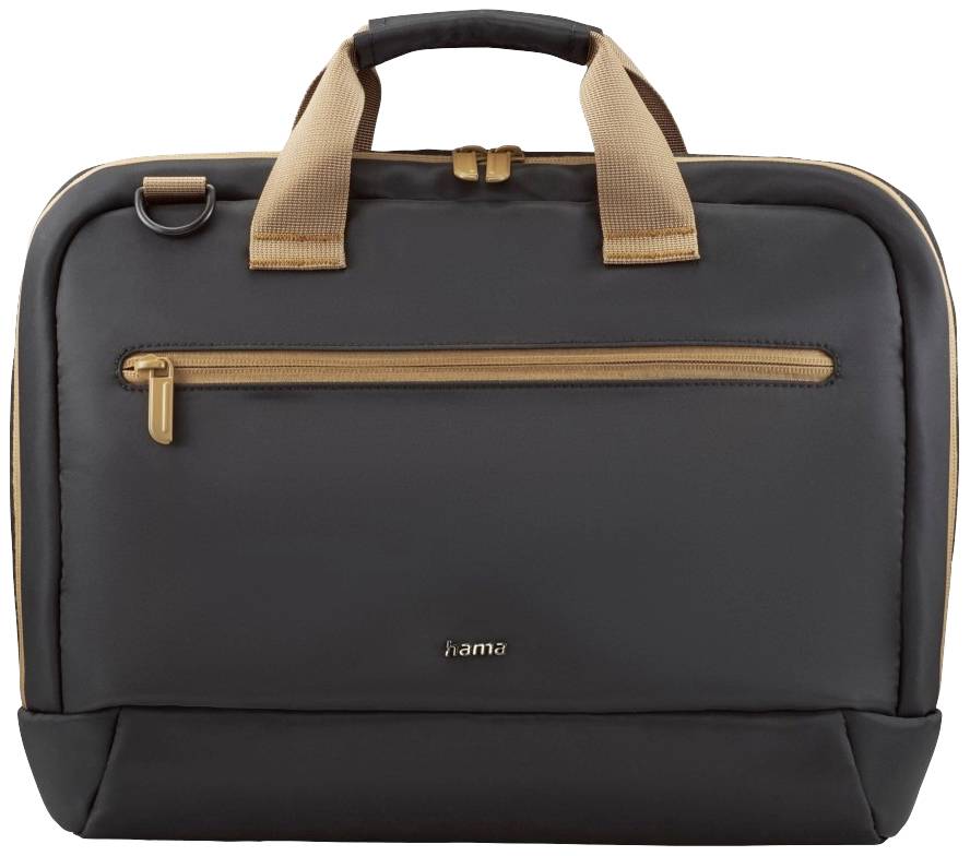 Black laptop bag with brown handles and a front zip pocket, suitable for transporting electronic devices.