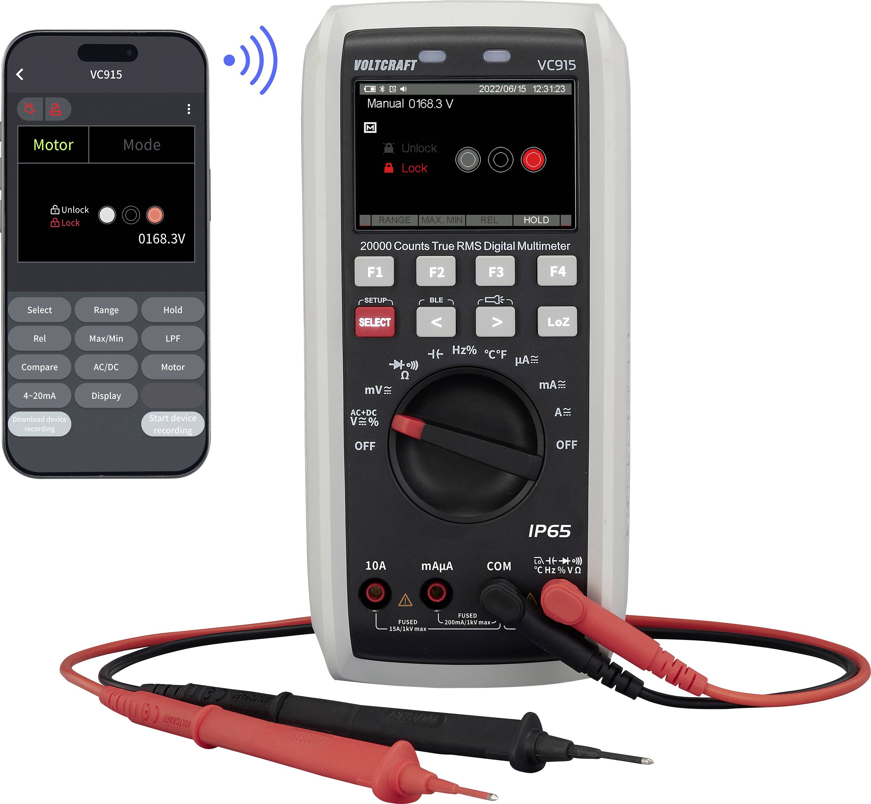 Smartphone app wirelessly connects to a VOLTCRAFT VC915 multimeter, showing a motor mode reading of 168.3V with test leads attached.