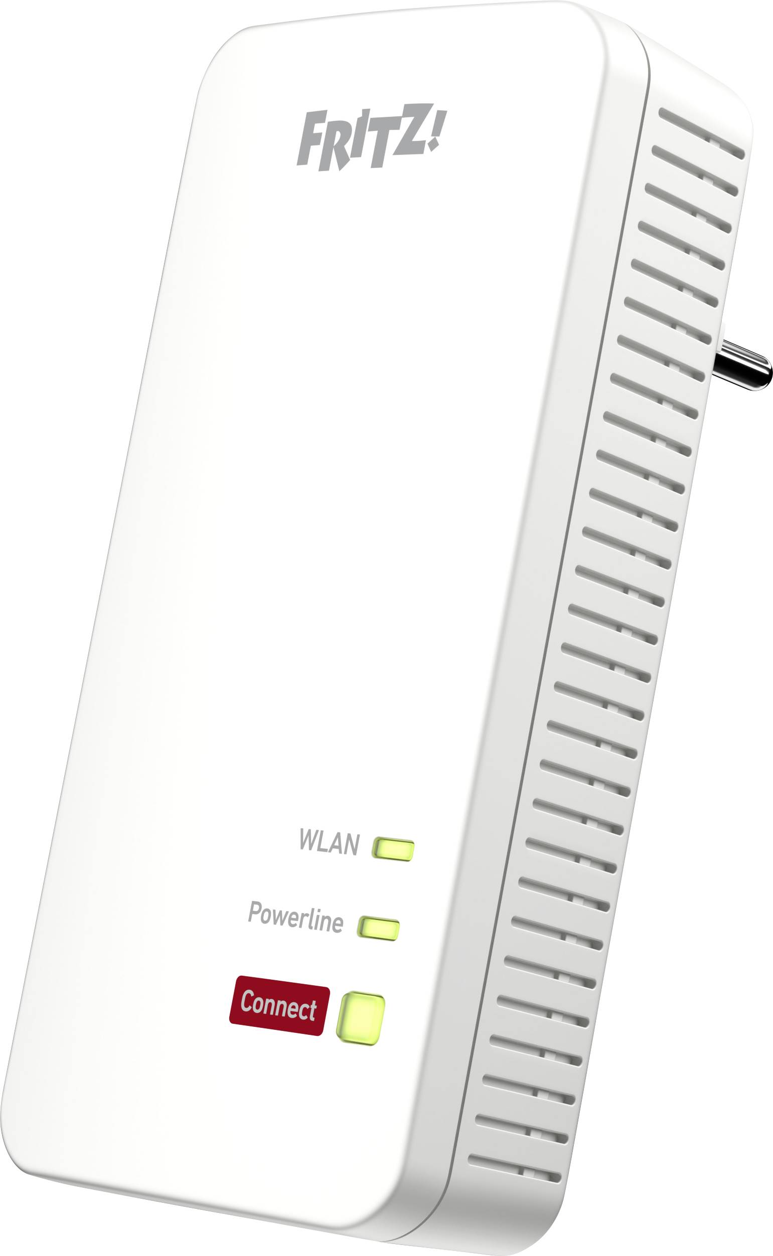 A white FRITZ! Powerline adapter with Wi-Fi functionality. Two green LEDs for Wi-Fi and Powerline, one red LED for 'Connect'.
