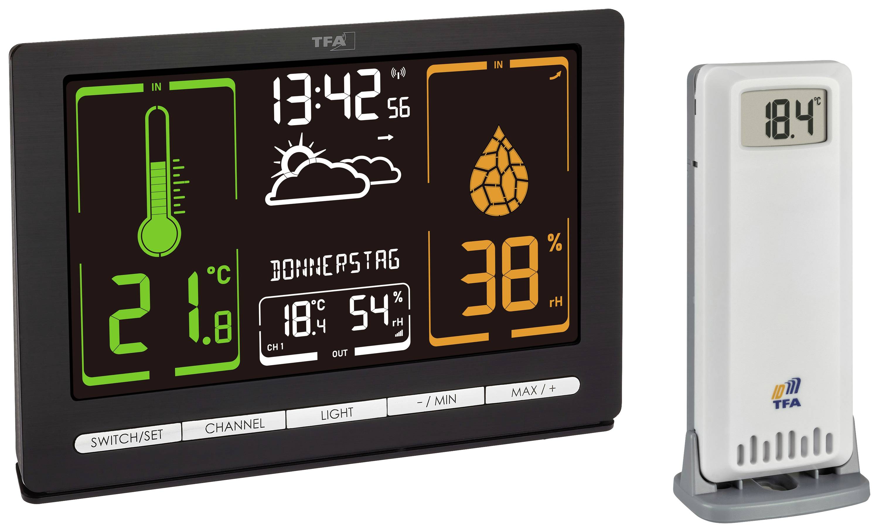 Digital Weather Station with Display: Indoor temperature 21°C, Outdoor temperature 18.4°C. Time 13:42, Day 'Thursday', Humidity 38%.