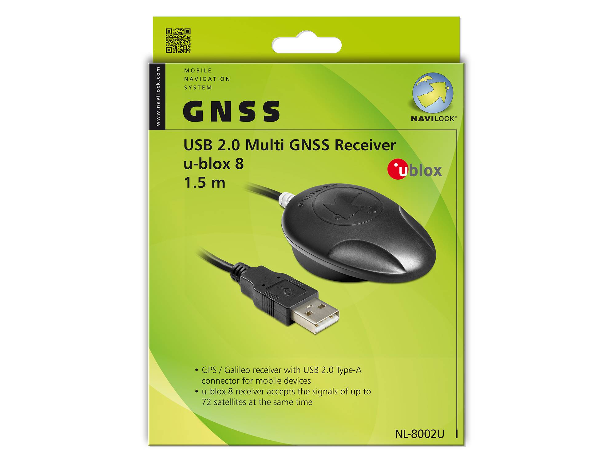 Navilock GNSS USB 2.0 Multi-GNSS Receiver u-blox 8, 1.5 m. GPS/Galileo Receiver with USB 2.0 Type-A, supports up to 72 satellites.