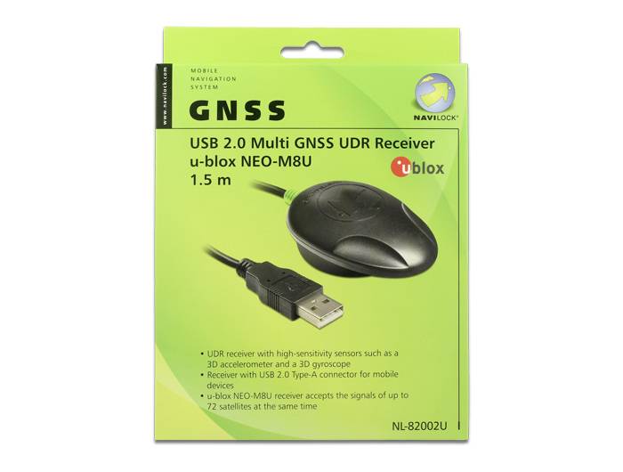 The 'USB 2.0 Multi GNSS UDR Receiver u-blox NEO-M8U' packaging shows the device and a USB cable. It supports up to 72 satellites.
