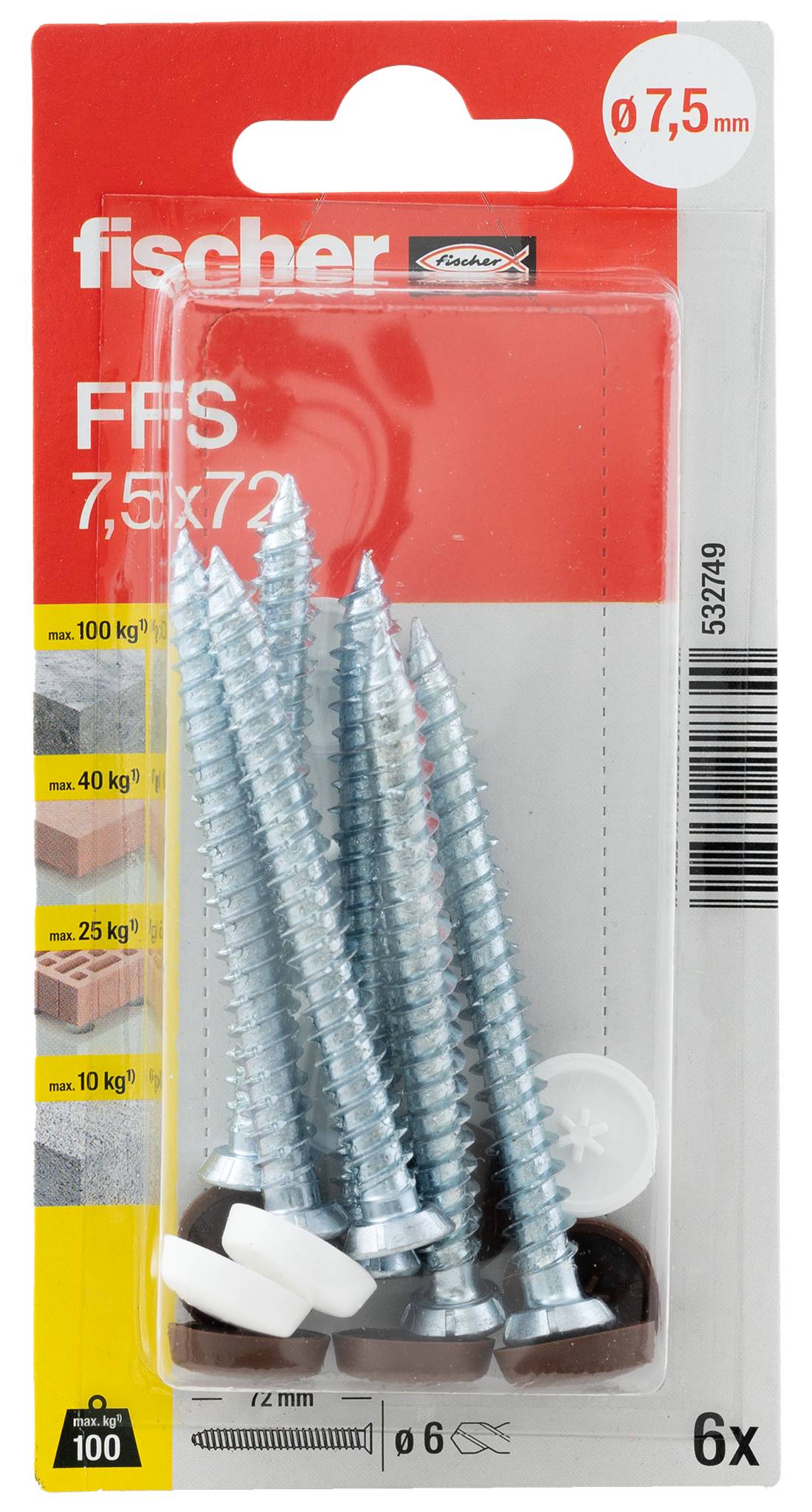 Packaging of Fischer FFS 7.5x72 screws, showing 6 silver screws with white plastic anchors, labeled 7.5 mm and 72 mm.