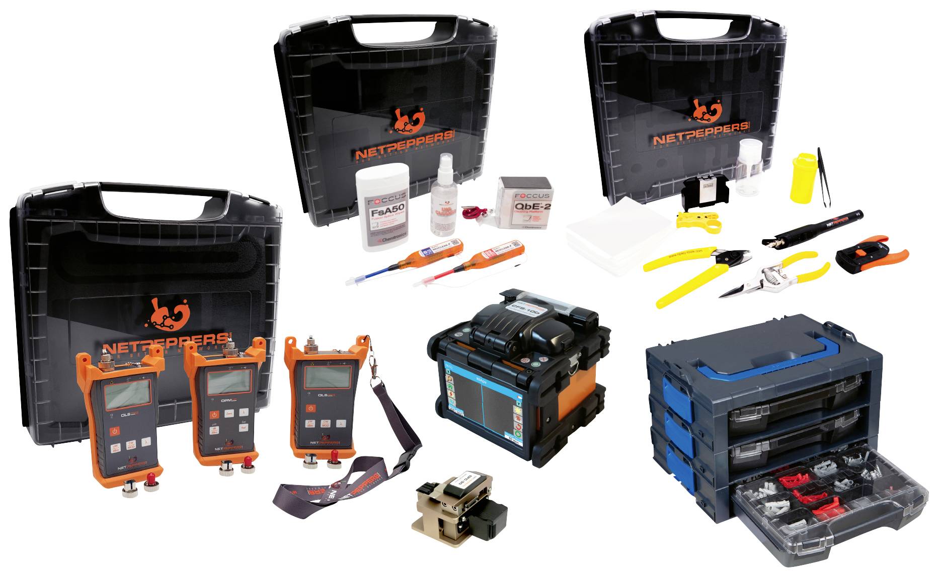 A collection of tools and equipment for network installation, including testing devices, cases and cable processing accessories.