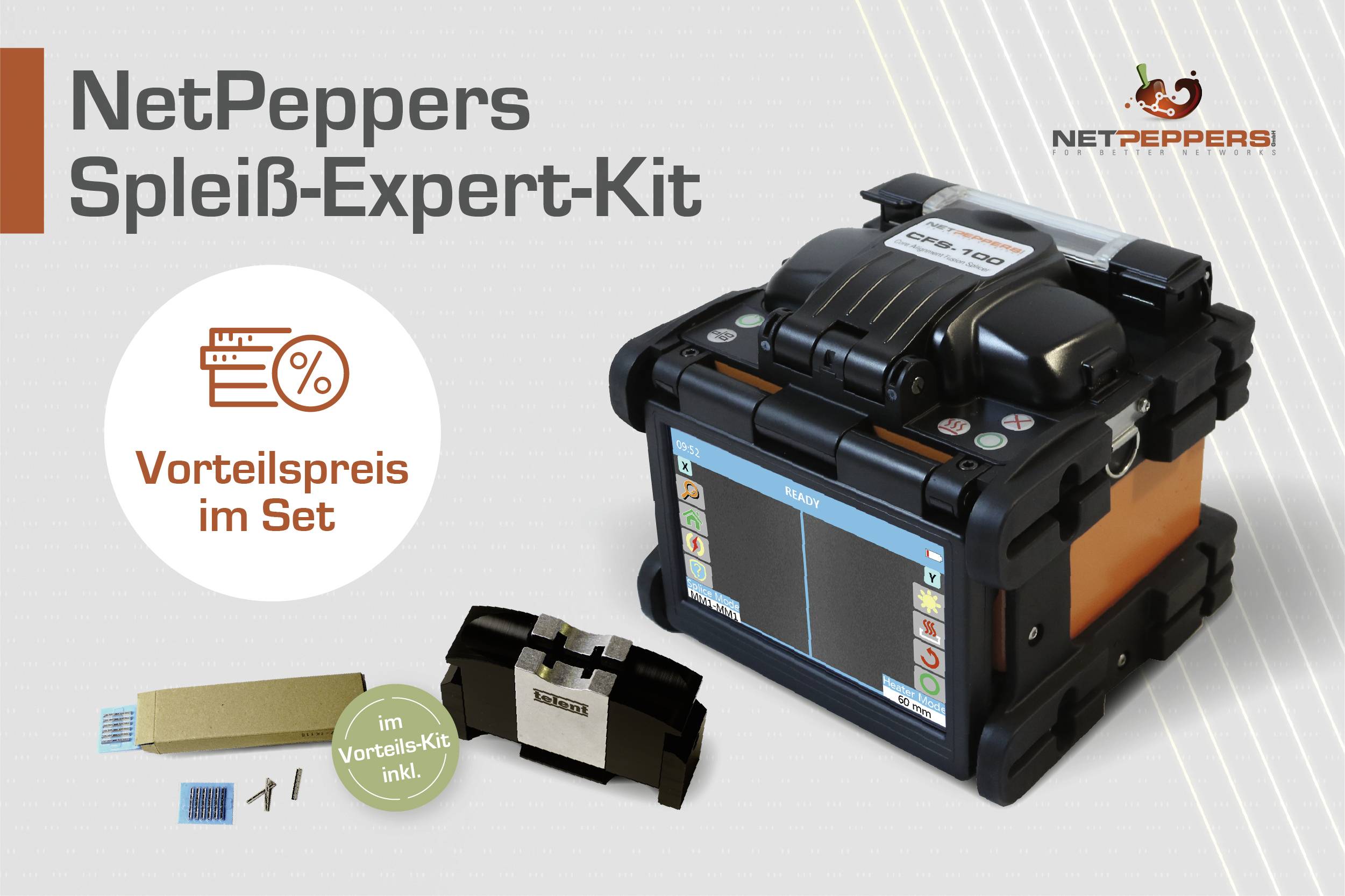 NetPeppers Splice Expert Kit: Illustration of a splicing device and accessories with the note 'Advantageous price in set'