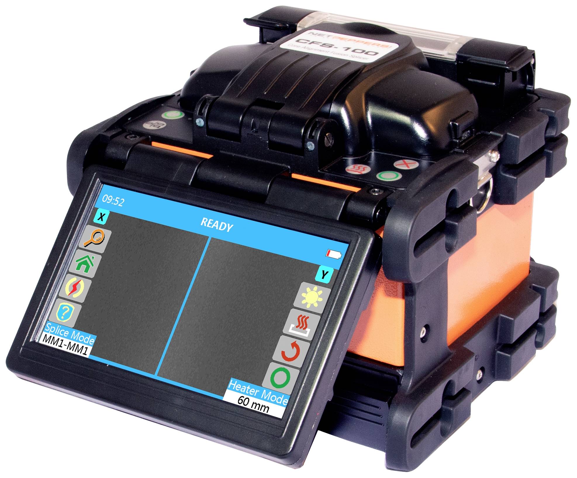 'Fibre optic splicing machine with display' ready for use; buttons for splicing mode, heating and other functions visible.