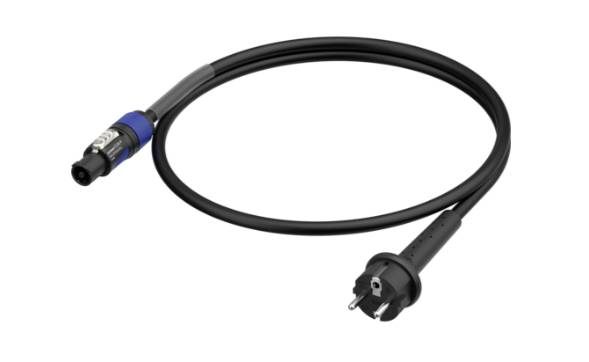 A black network cable with a Schuko plug on one side and a blue SpeakON plug on the other side.