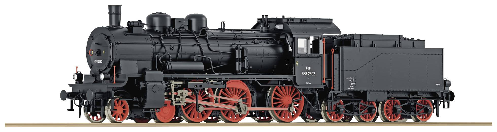 Black steam locomotive with red wheels stands sideways on a railway track. Technical details and brand are not visible.