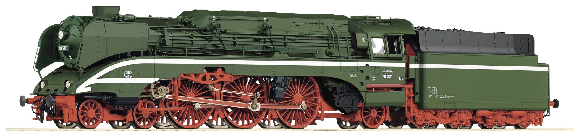 A green steam locomotive with red wheels and detailed engineering on a white background. Historic railway model.