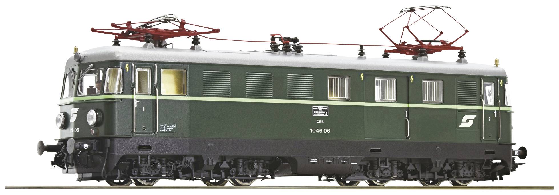 Green electric locomotive with two pantographs on the roof, in side view. Model with detailed elements and labelling.