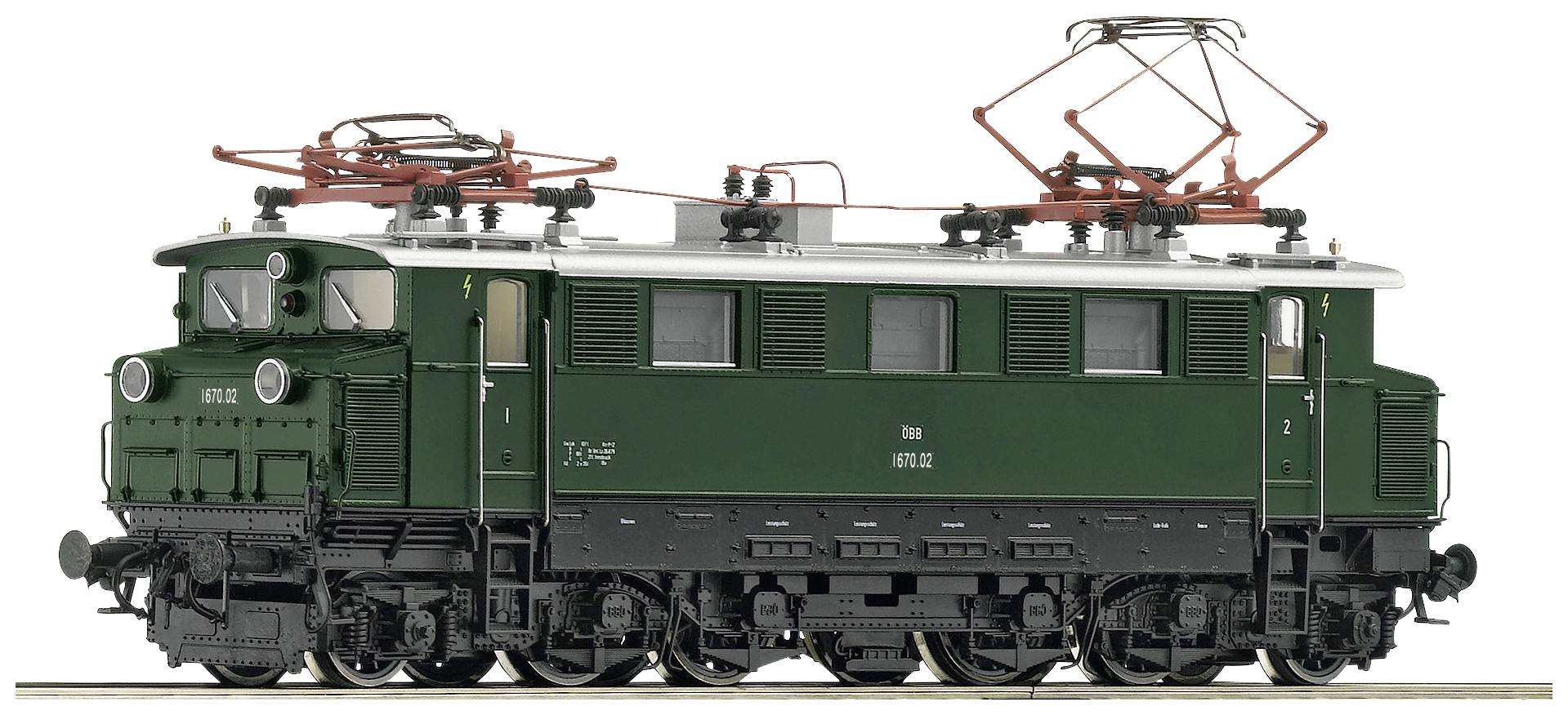 Green model train of an electric locomotive with many details and pantographic current collectors on the roof.