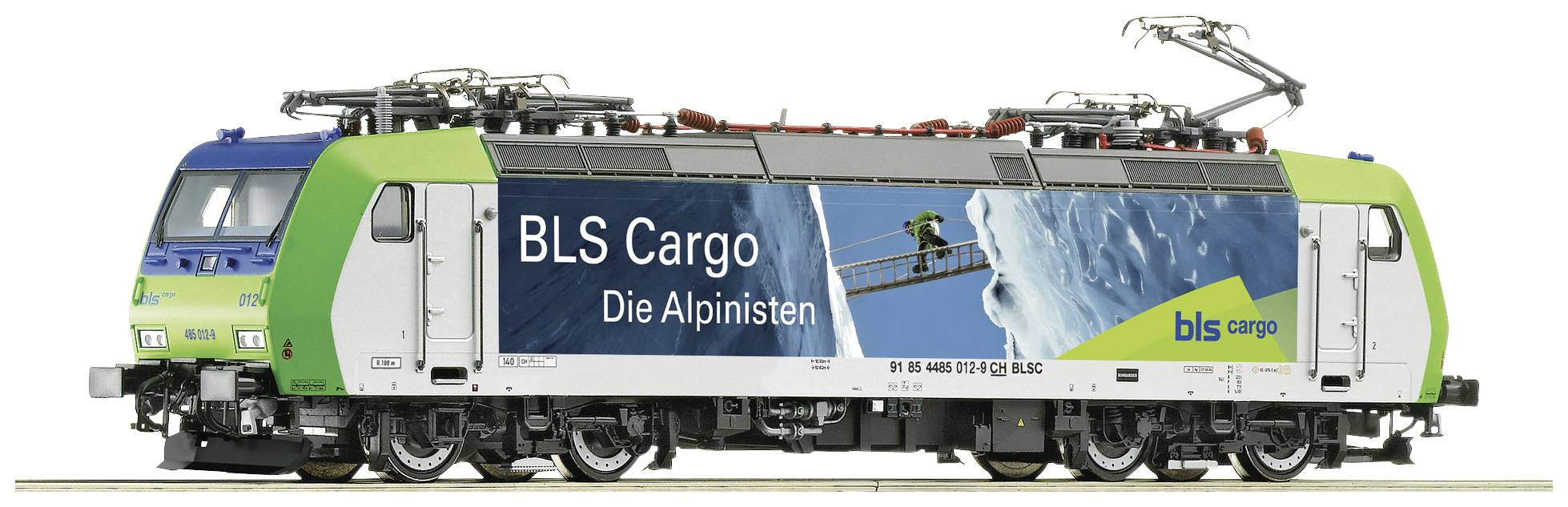 A BLS Cargo locomotive with the inscription 'BLS Cargo The Alpinists' and an alpine motif. It has a green front.