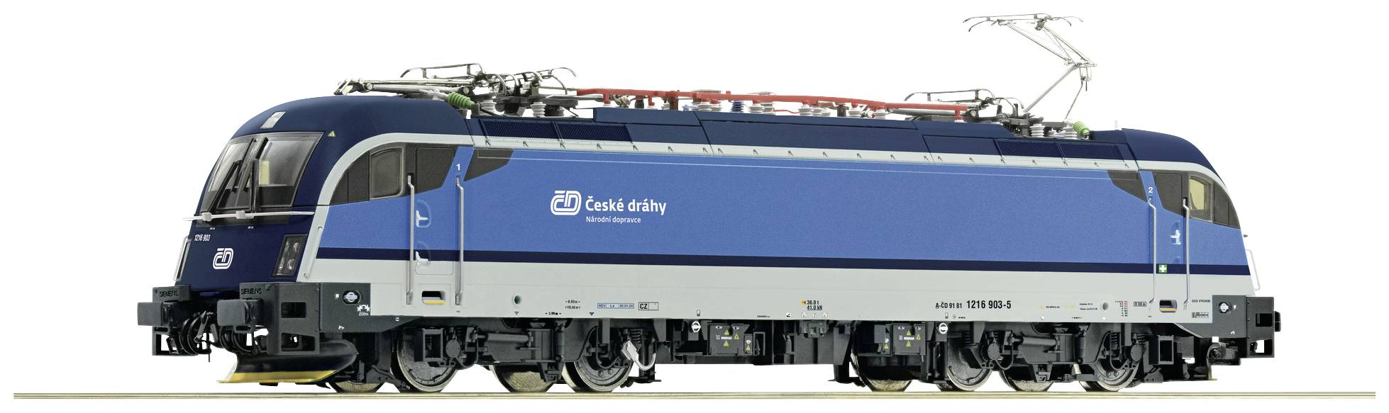 A blue train from České dráhy stands on railway tracks, with details such as the pantograph and wheels visible, against a white background.