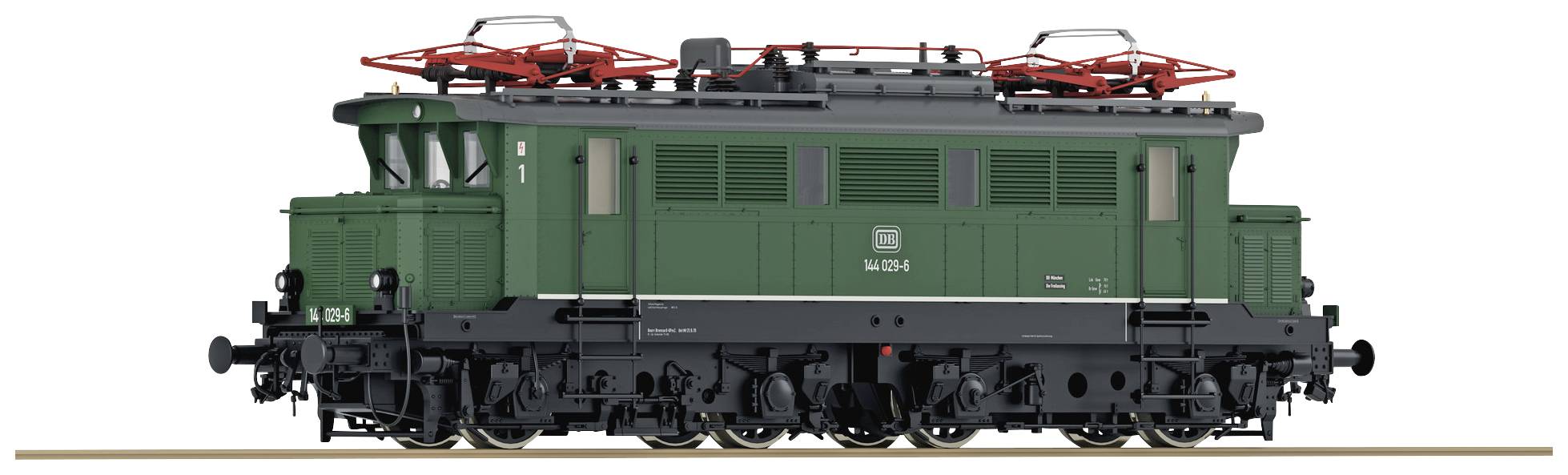 A green electric locomotive from Deutsche Bahn is standing on a track. It has red pantographs and is shown from the side.