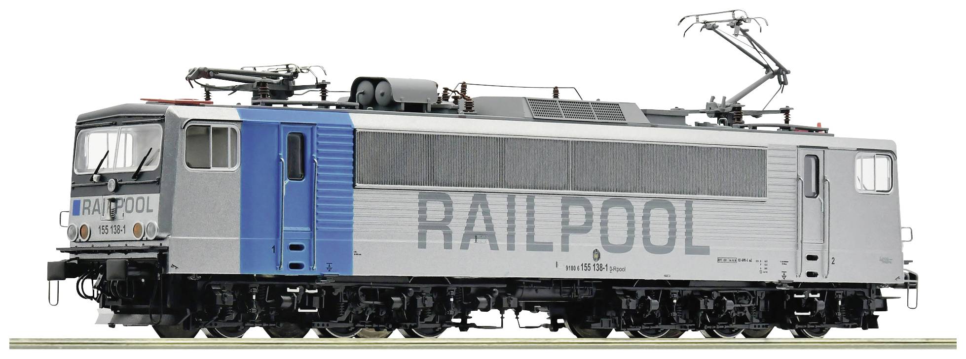 A grey and blue electric locomotive with 'RAILPOOL' written on the side, viewed from the side, with pantographs on the roof.