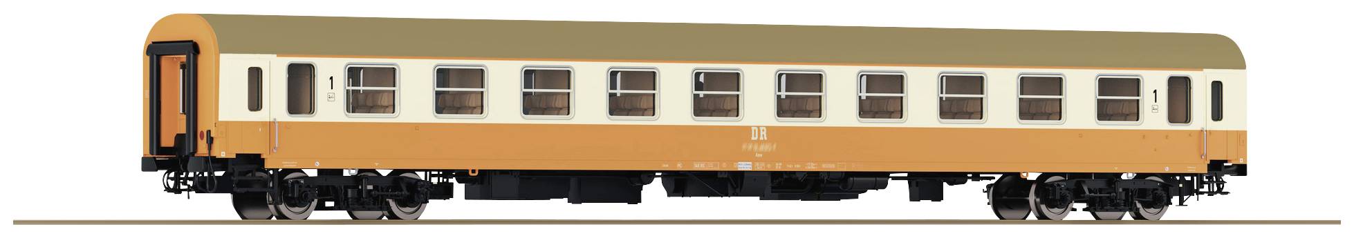 A yellow-orange and beige passenger carriage of the Deutsche Bundesbahn with multiple windows and wheels on railway tracks.